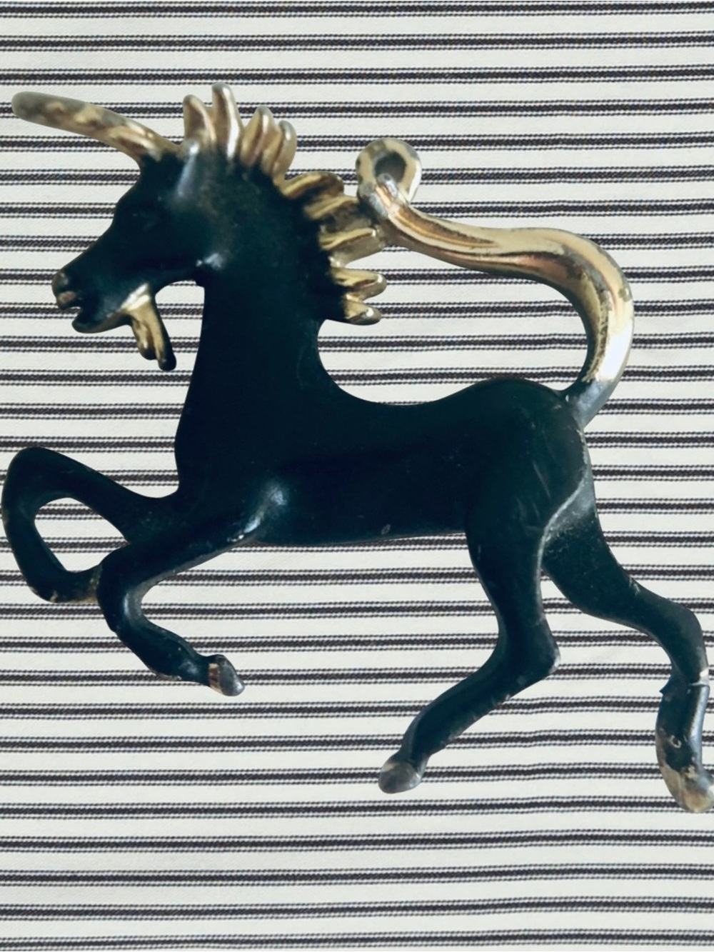Vintage Unicorn Pendant Charm Goldtone Black Enamel Chippy